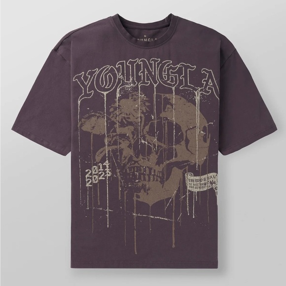 Mens YoungLA 4116 Floral Skull Graphic Short Sleeve Tee -Plum Perfect Size Large - Picture 1 of 7